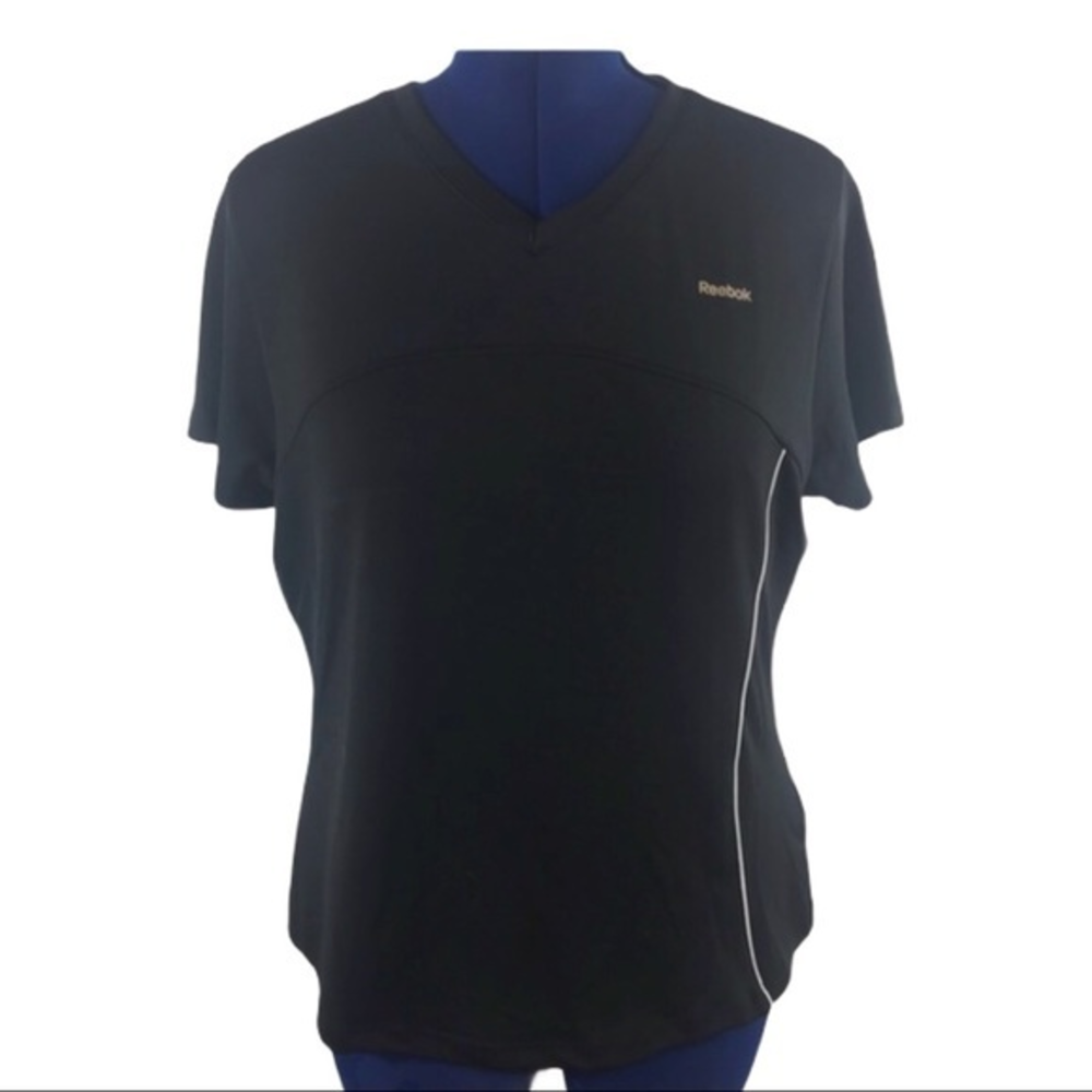 Reebok XL play dry‎ black white stripe v neck short sleeve athletic top